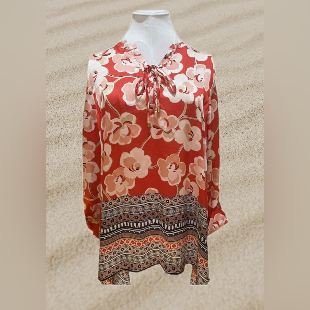 Rafaella Women's Red Floral Handkerchief Hem Tunic Rolled Tab Sleeve Size Large